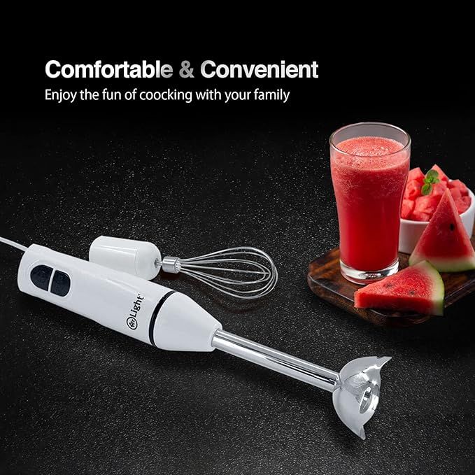 Handheld blender with a glass of red juice and watermelon on a dark surface, with text 'Comfortable & Convenient' and 'Enjoy the fun of cooking with your family'.