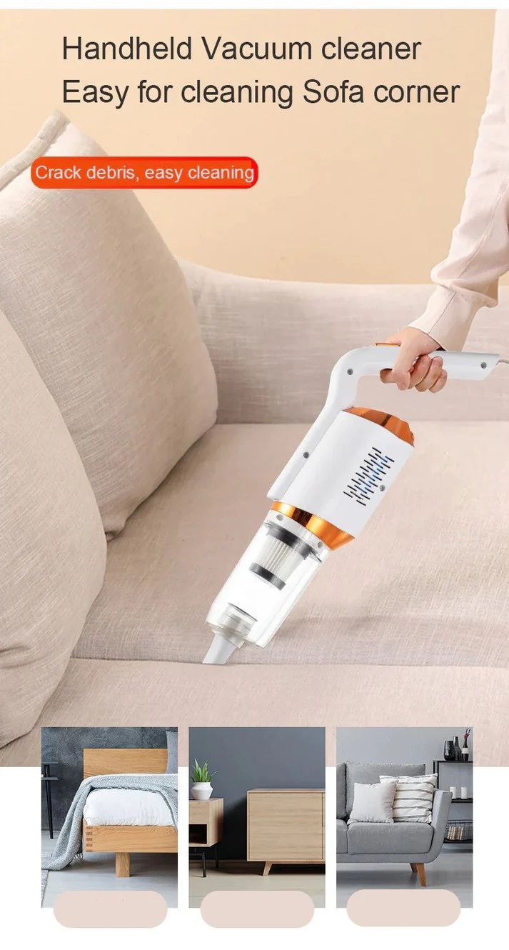 Handheld vacuum cleaner being used to clean a sofa corner with additional images of the product in use.