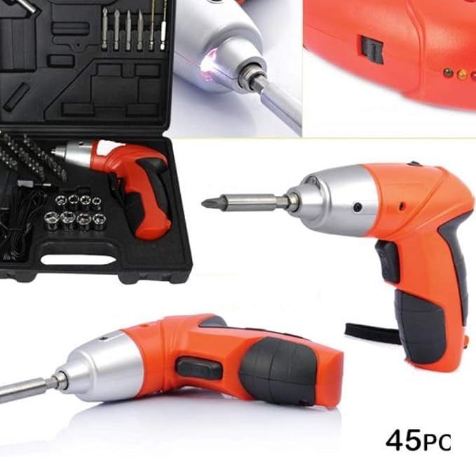 Orange and black cordless drill with accessories on a white background