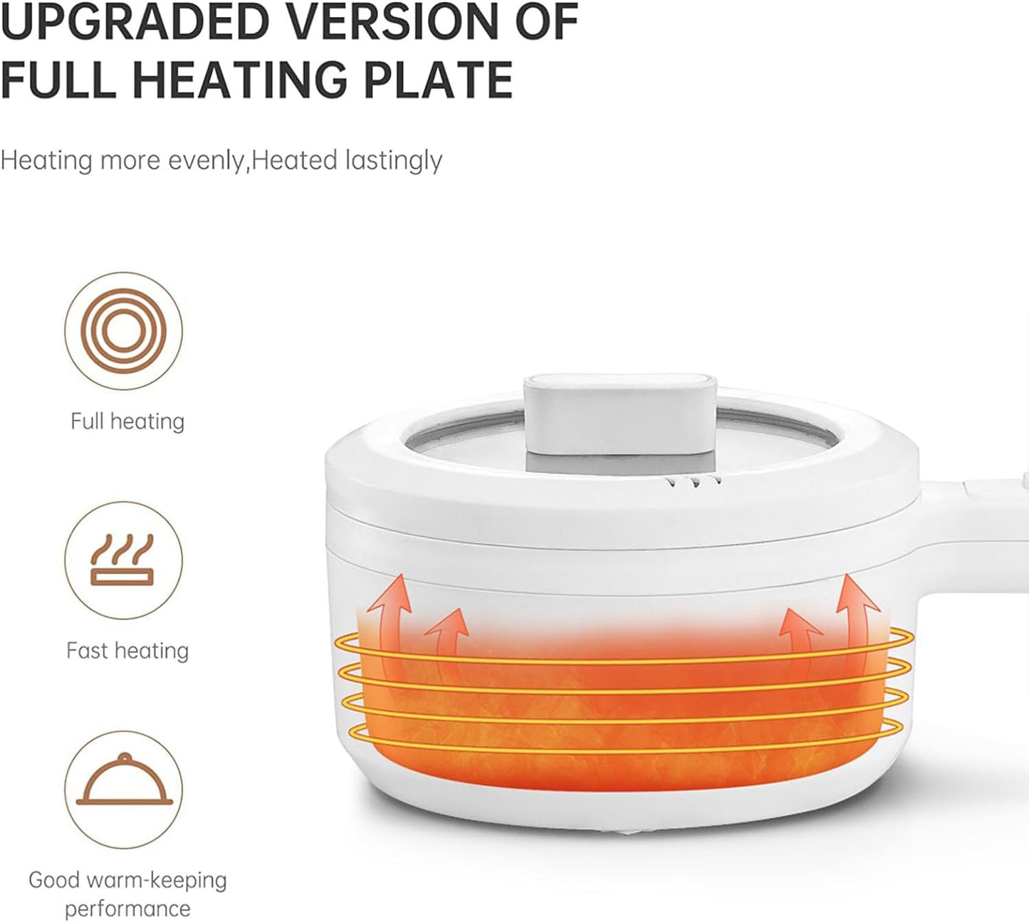 White heating plate with text and icons on a white background