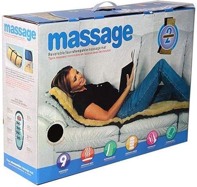 Box of a massage mat with a person lying on it, featuring text and icons indicating features.