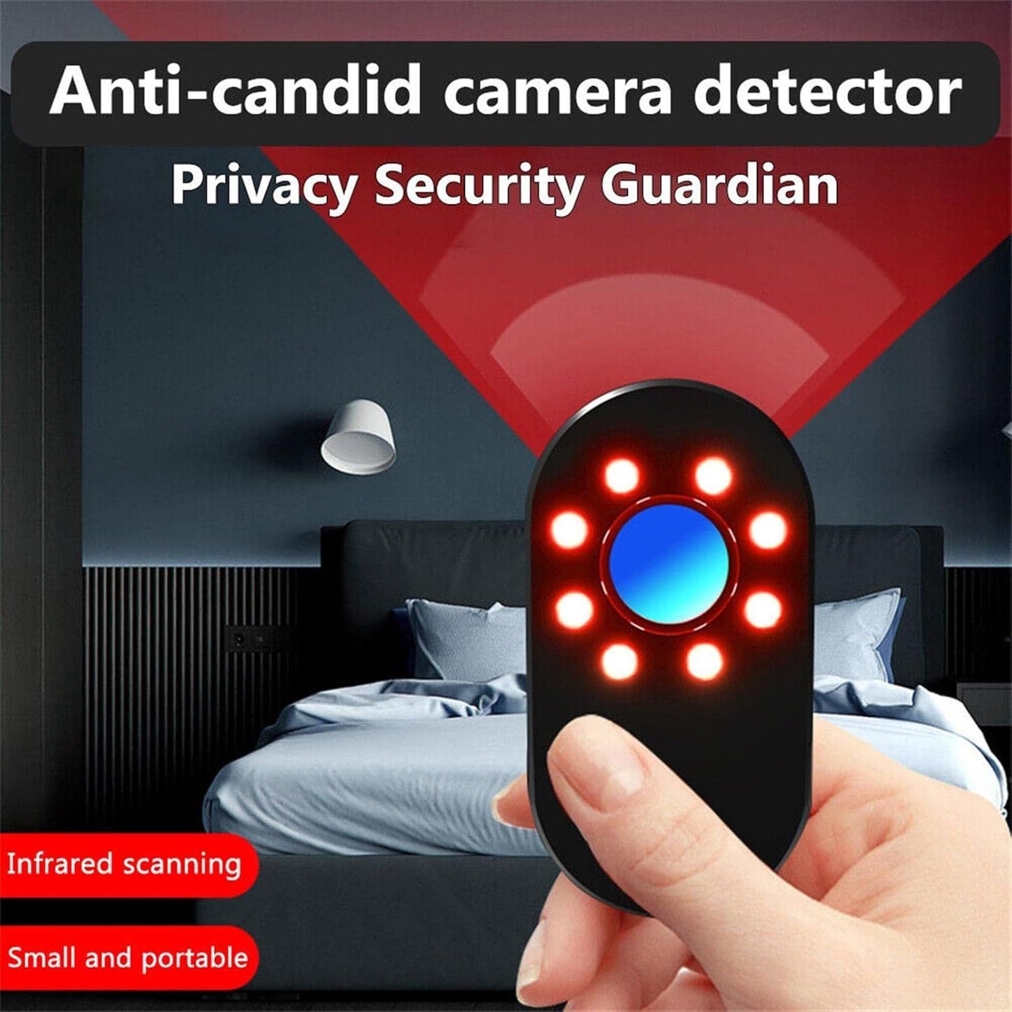 Anti-candid camera detector held by a hand with bedroom background