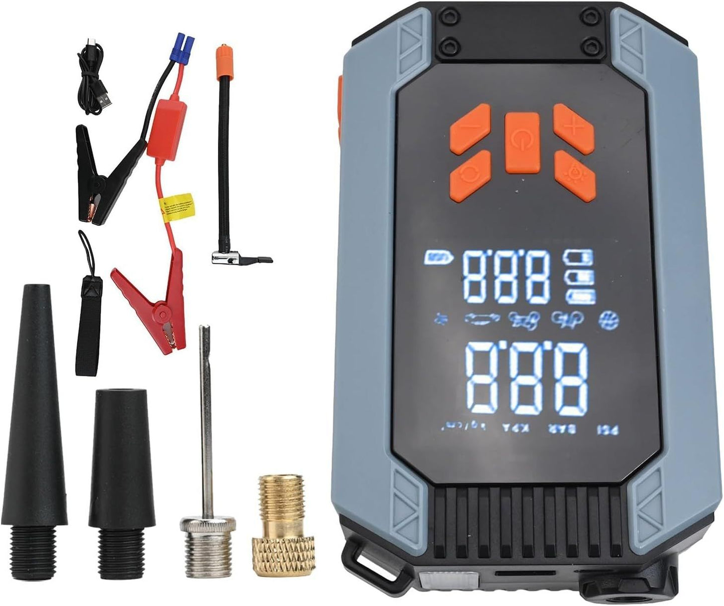 Portable jump starter with digital display and accessories on a white background