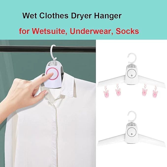 Wet clothes dryer hanger for wetsuit, underwear, socks with a hand pointing to it.
