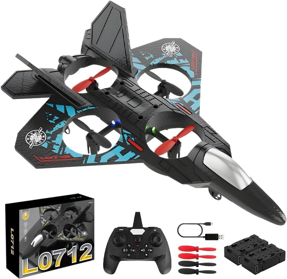 Toy drone with remote control, batteries, and accessories on a white background