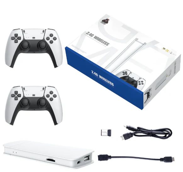 Gaming console with controllers and accessories on a white background