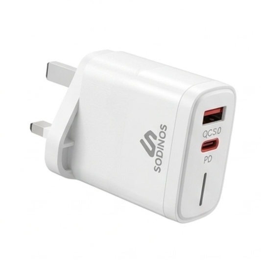 38W Fast Charger with PD & QC Dual Ports, USB-C + USB-A Wall Charger, UK Plug, White