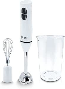 White handheld blender set with whisk, beaker, and blade on a white background