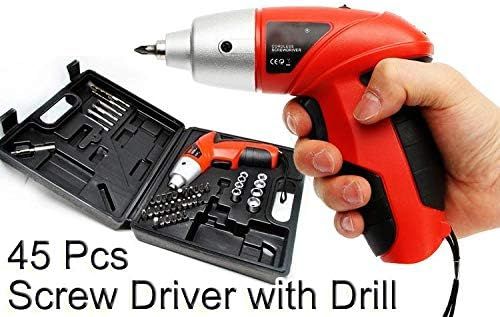 Red screwdriver with drill and tool set in open case held by a hand