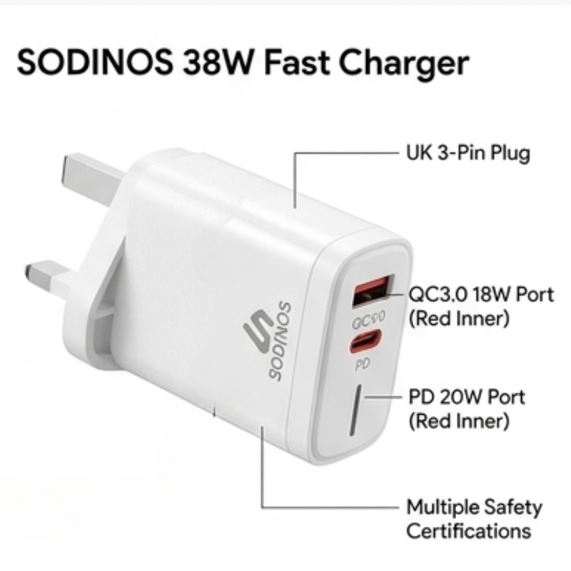 38W Fast Charger with PD & QC Dual Ports, USB-C + USB-A Wall Charger, UK Plug, White