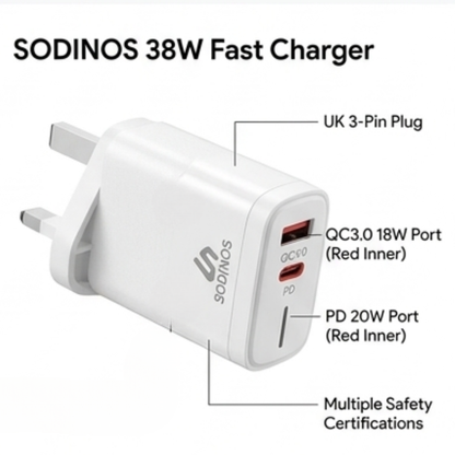 38W Fast Charger with PD & QC Dual Ports, USB-C + USB-A Wall Charger, UK Plug, White
