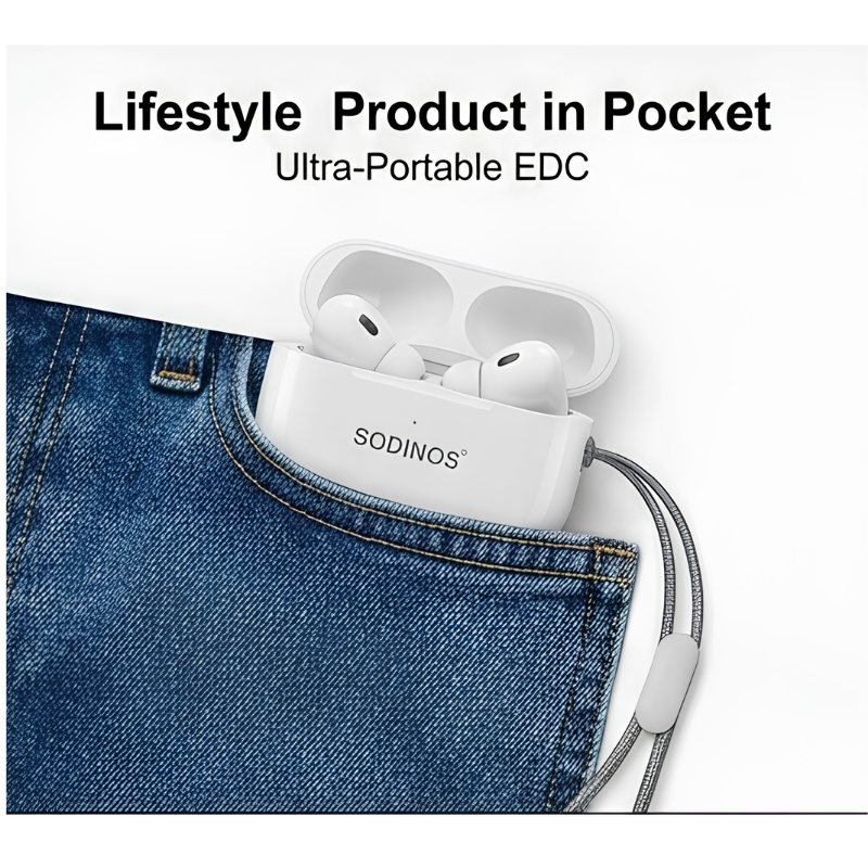 SODINOS Wireless Bluetooth Earbuds with ANC + ENC Noise Reduction | Ultra Portable EDC Earbuds with Lanyard Case