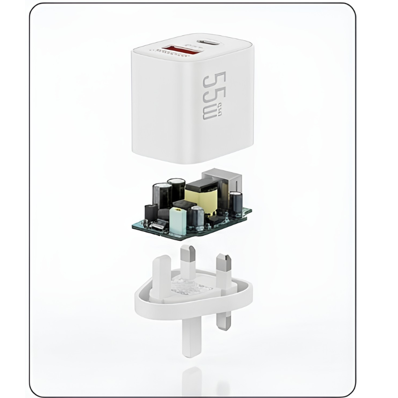 55W GaN Fast Charger White | PD 30W + QC3.0 Dual USB Travel Adapter | USB-C & USB-A Fast Charging Wall