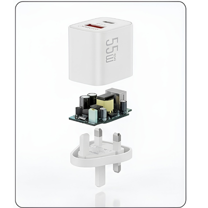 55W GaN Fast Charger White | PD 30W + QC3.0 Dual USB Travel Adapter | USB-C & USB-A Fast Charging Wall