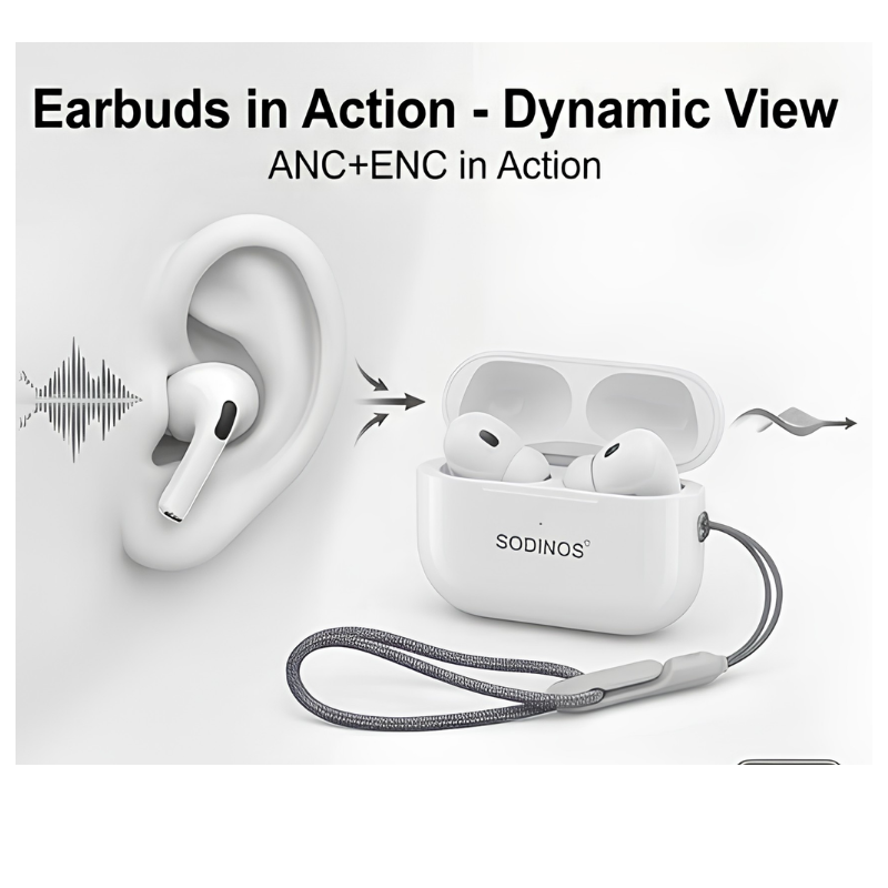 SODINOS Wireless Bluetooth Earbuds with ANC + ENC Noise Reduction | Ultra Portable EDC Earbuds with Lanyard Case