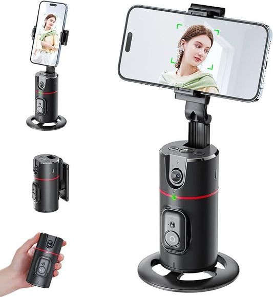 Multi-angle camera and phone holder with smartphone displaying a person on screen.
