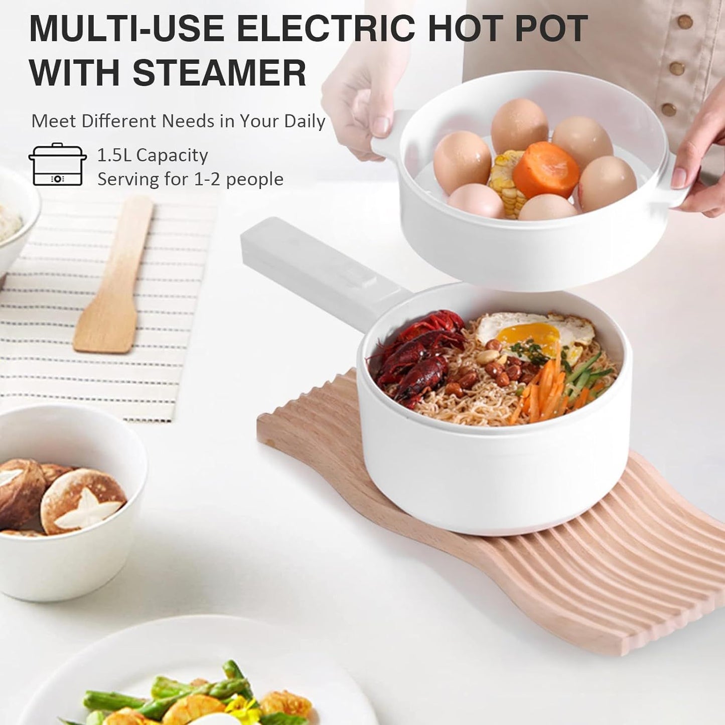 Multi-use electric hot pot with steamer on a white surface with food.