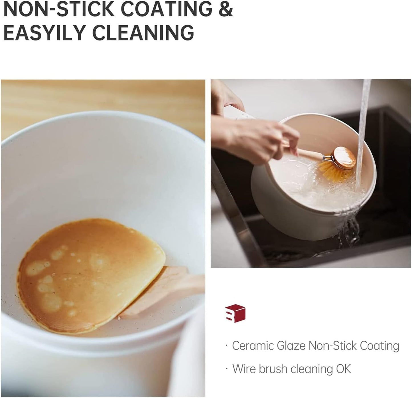 Ceramic glaze non-stick coating with a pan and cleaning process shown.