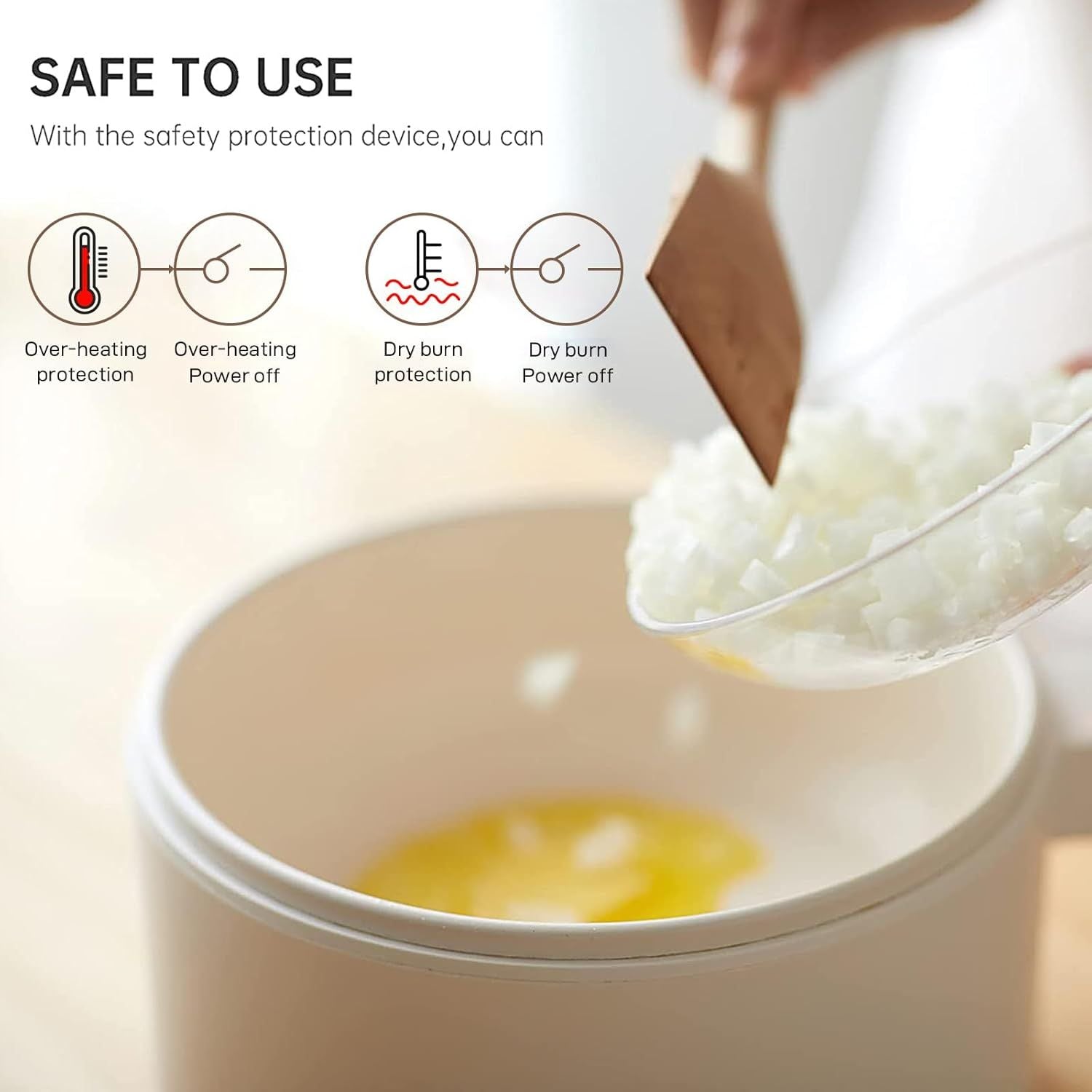 Person pouring rice into a pot with safety features highlighted