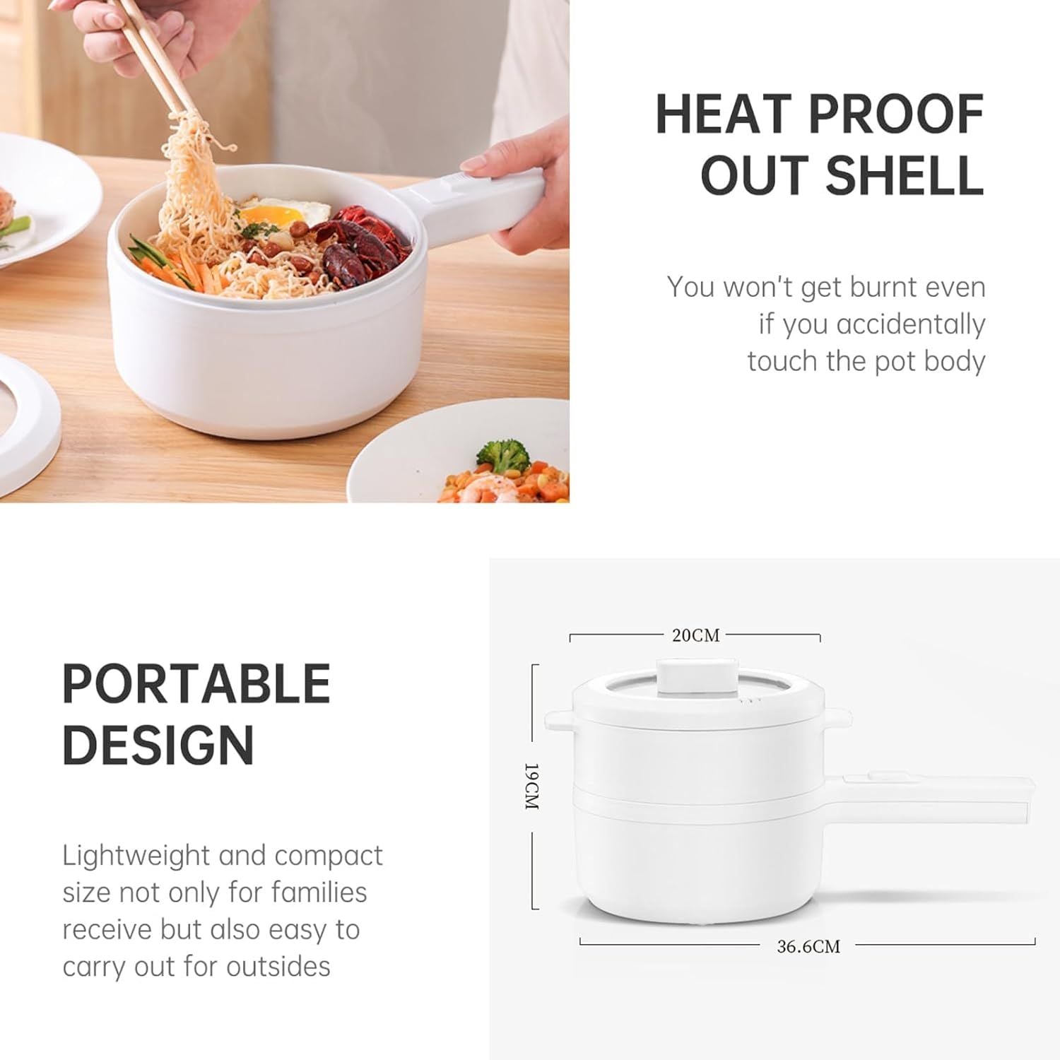 White heatproof pot with food, shown with text highlighting features like 'heat proof out shell' and 'portable design'.