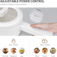 White kitchen appliance with adjustable power control, hand holding it, and icons showing different cooking methods.