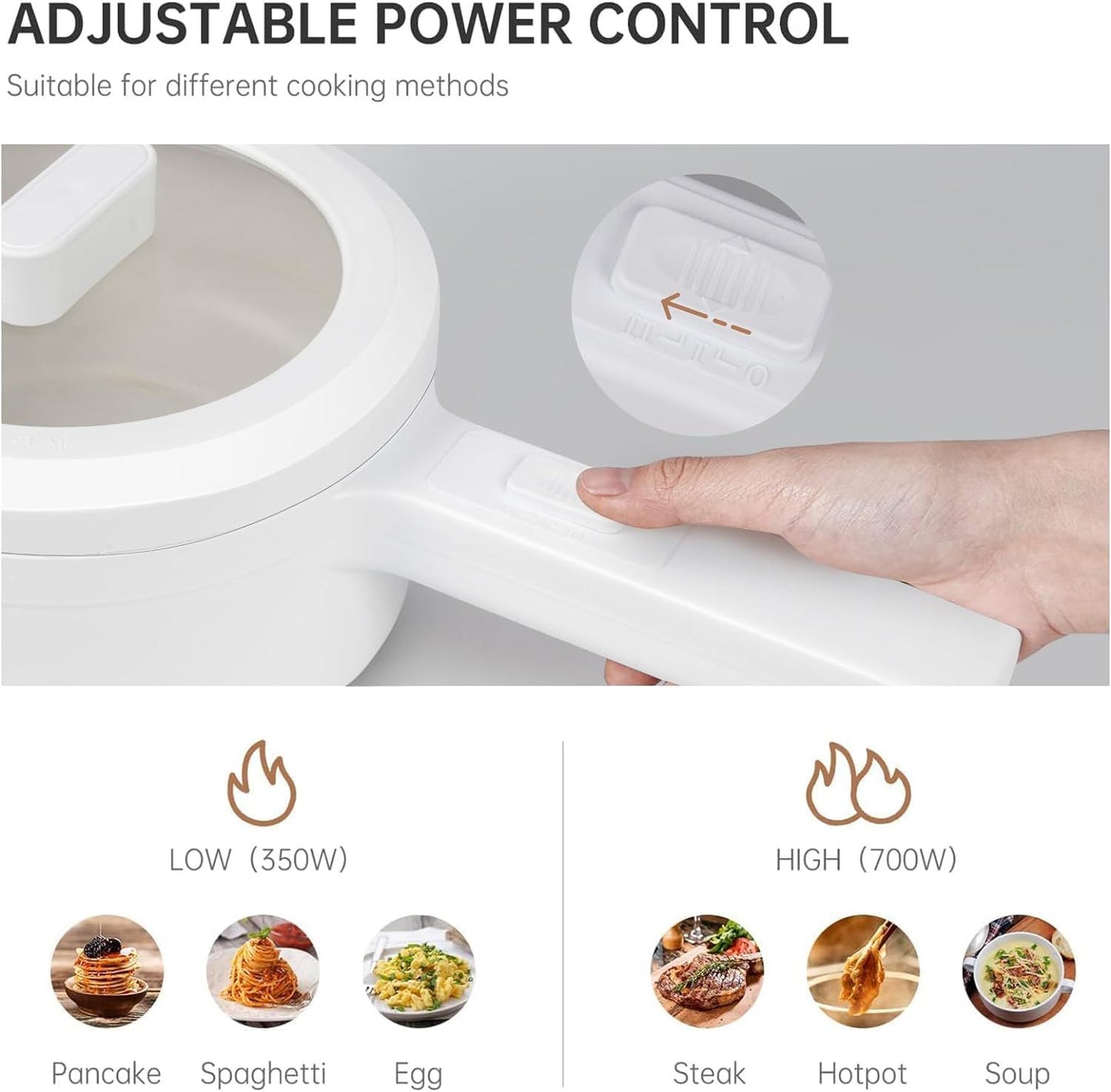 White kitchen appliance with adjustable power control, hand holding it, and icons showing different cooking methods.