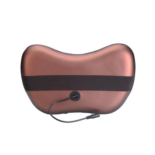 Copper-colored massage pillow with black band and cord on a white background