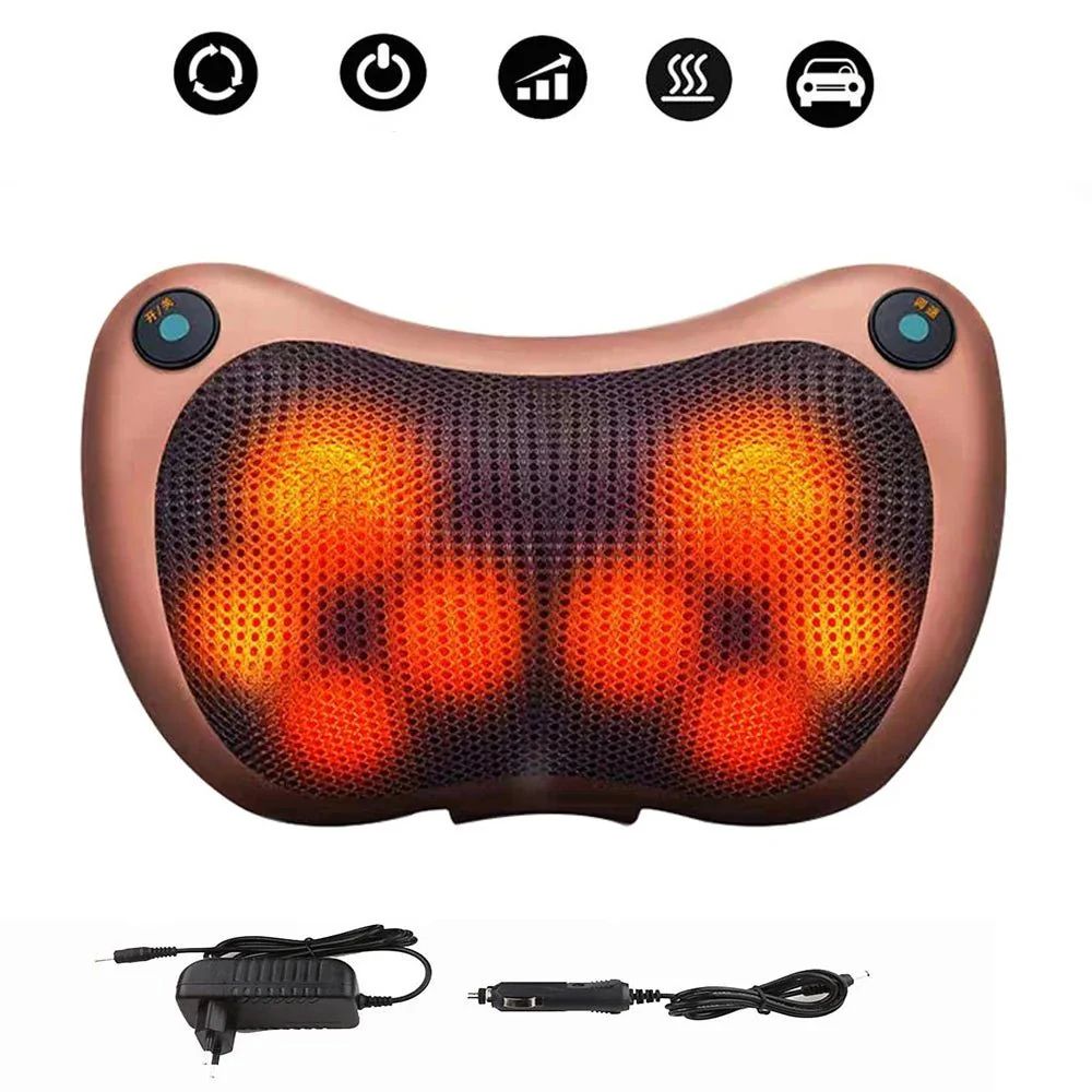 Massage pillow with glowing heating elements and control buttons on a white background