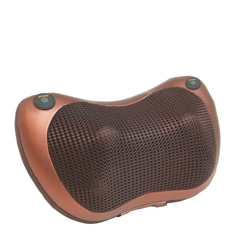 Brown massage pillow with two control buttons on a white background
