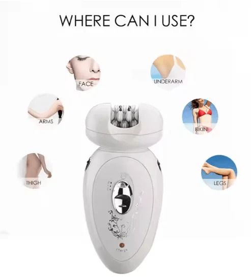 White epilator with icons showing where it can be used on the body.