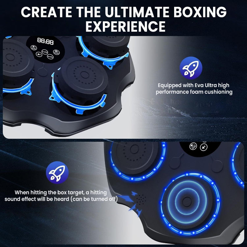 Black boxing bag with blue lights and text about boxing experience and foam cushioning.