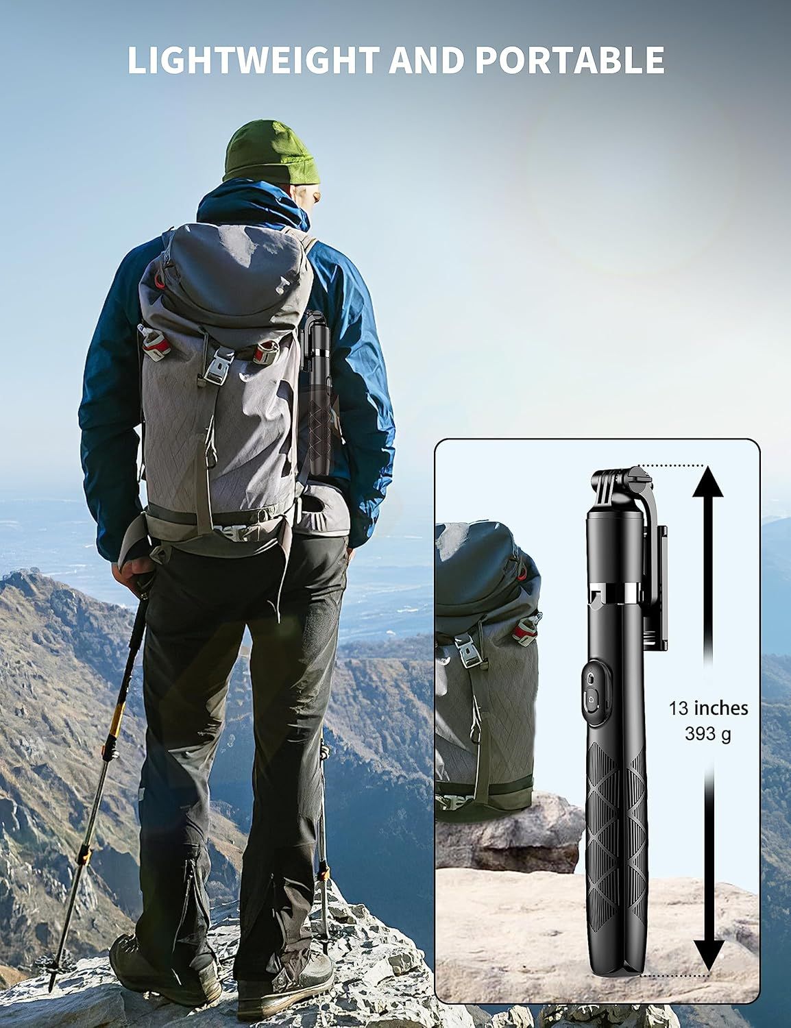 Person with hiking backpack and poles on mountain, showing a portable hiking device with dimensions.