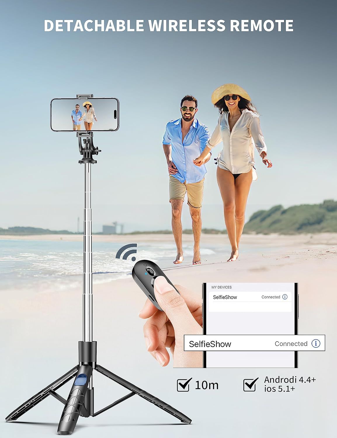 Detachable wireless remote control with smartphone holder on a beach background