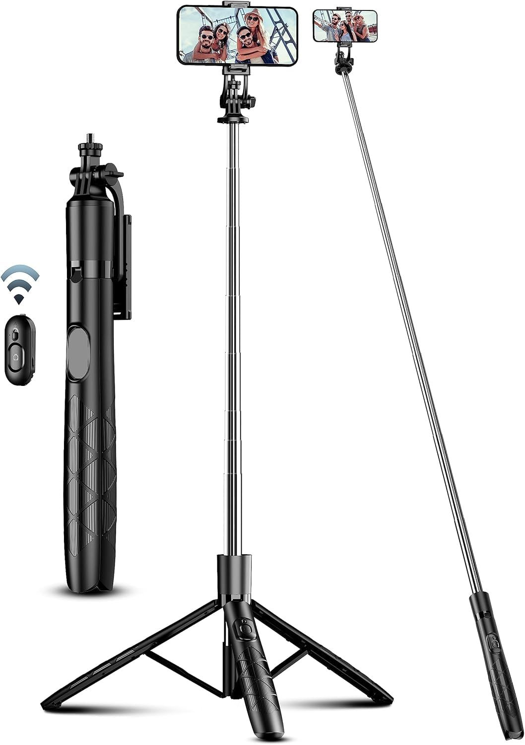 Black selfie stick with remote control on a white background