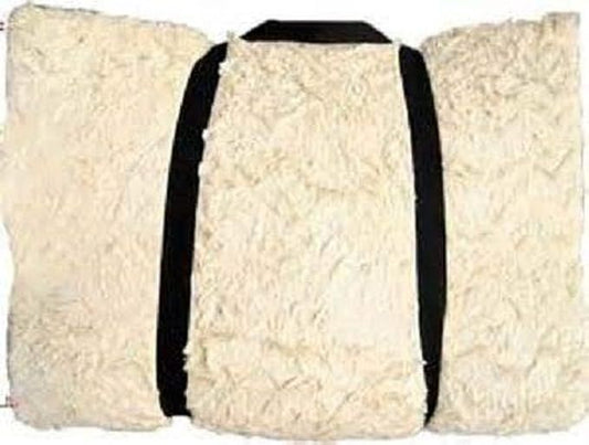 Two white textured pillows with a black strap between them on a white background