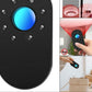 Black remote control with blue light on, used for various applications including ceiling fans and lights.