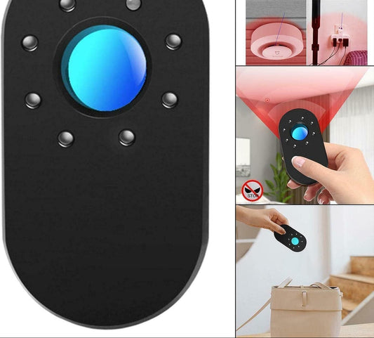 Black remote control with blue light on, used for various applications including ceiling fans and lights.