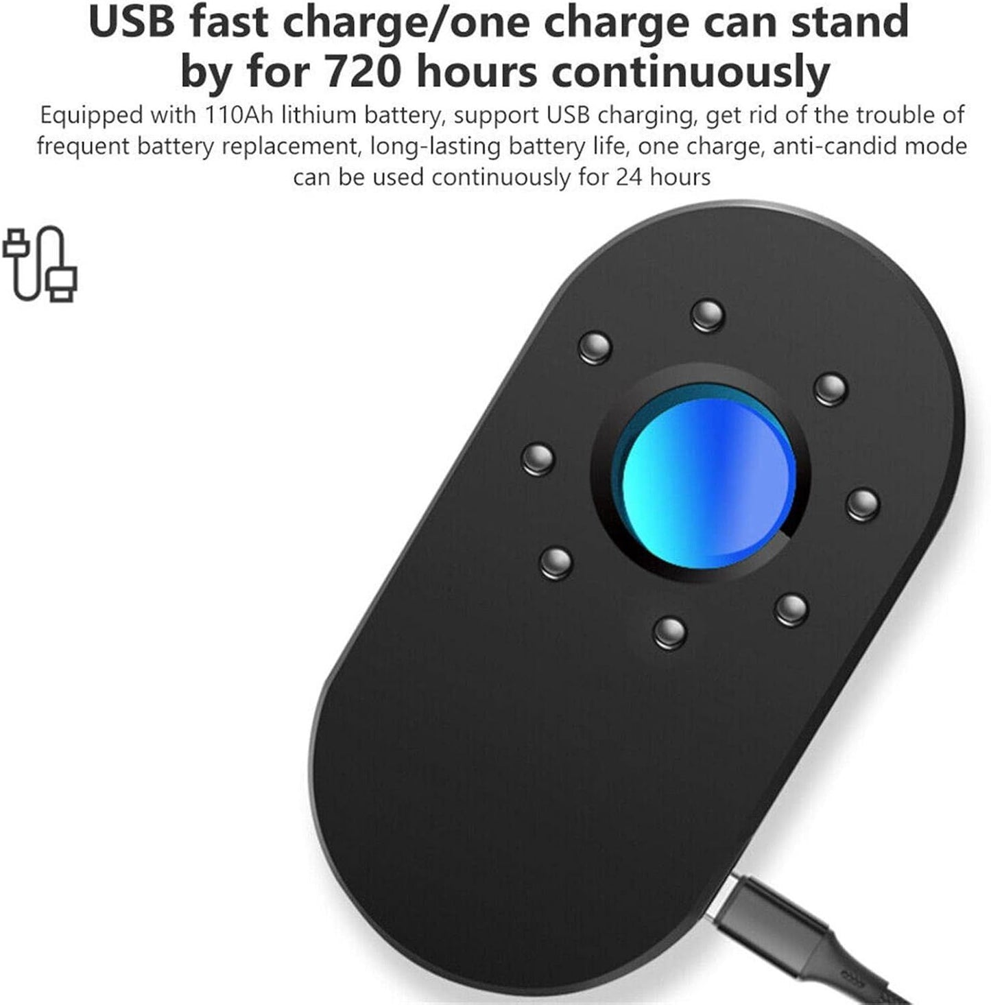 Black electronic device with blue light on a white background, featuring USB charging text.