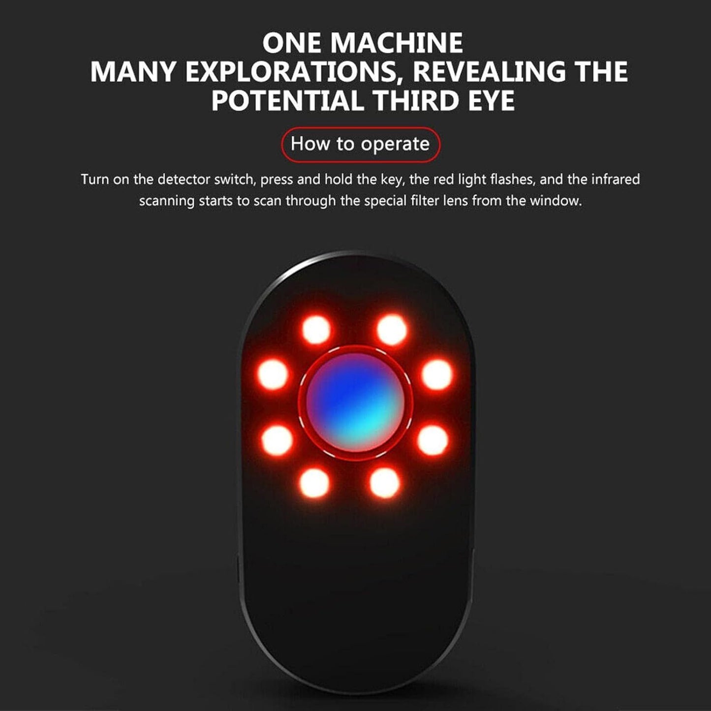 Black device with red lights on a dark background, featuring text about its operation.