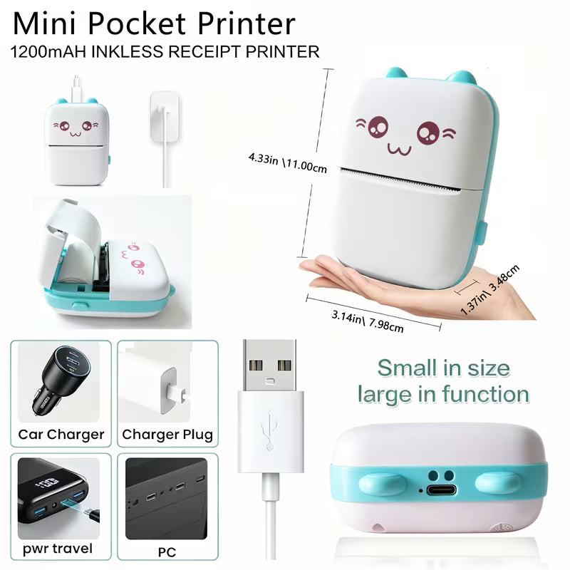 Mini Smart Pocket Inkless Thermal Printer Wireless  for Labels, Receipts, Photos, Notes.
