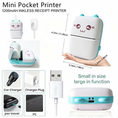 Mini Smart Pocket Inkless Thermal Printer Wireless  for Labels, Receipts, Photos, Notes.