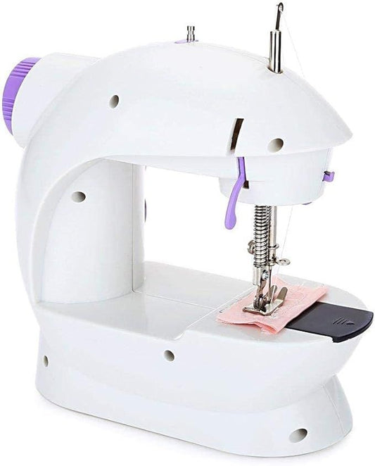 White handheld sewing machine with a pink presser foot on a white background