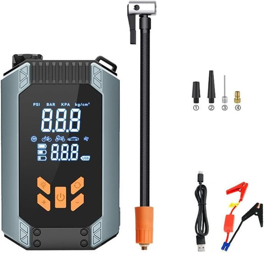Digital air pump with display, hose, and connectors on a white background
