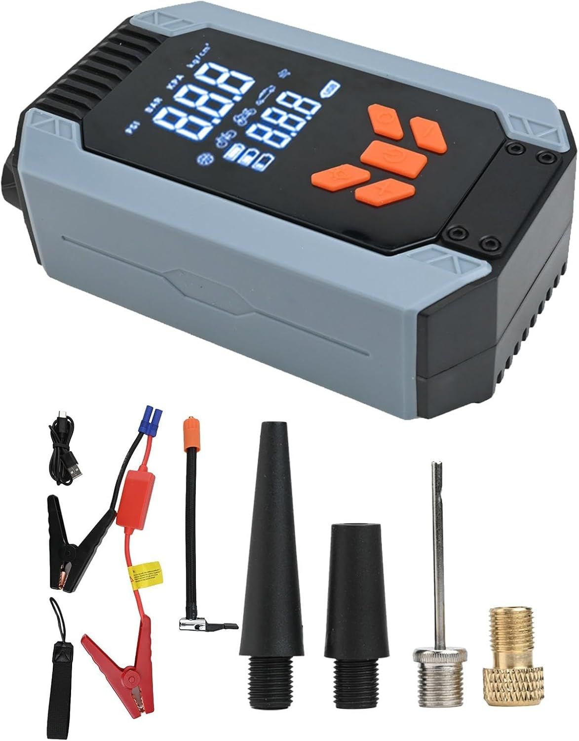 Battery charger with digital display and various accessories on a white background