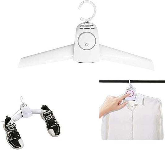 Hanging dryer with a hand holding a garment and a shoe, on a white background