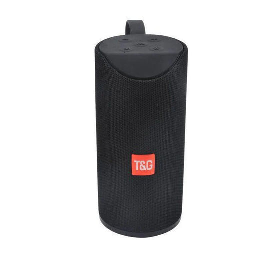 Black portable speaker with a red logo on a white background