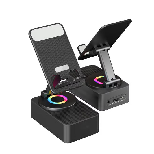 Black multi-device charging station with phone, tablet, and watch holders on a white background
